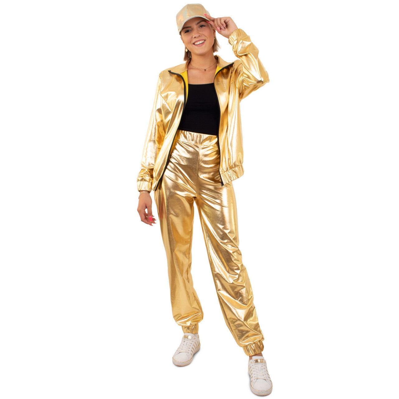Op deze afbeelding zie je een Kostuums, van het merk PartyXplosion. Gouden Metallic Trainingspak Proud To Be Goud Dames Vrouw Kostuum