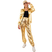 Op deze afbeelding zie je een Kostuums, van het merk PartyXplosion. Gouden Metallic Trainingspak Proud To Be Goud Dames Vrouw Kostuum