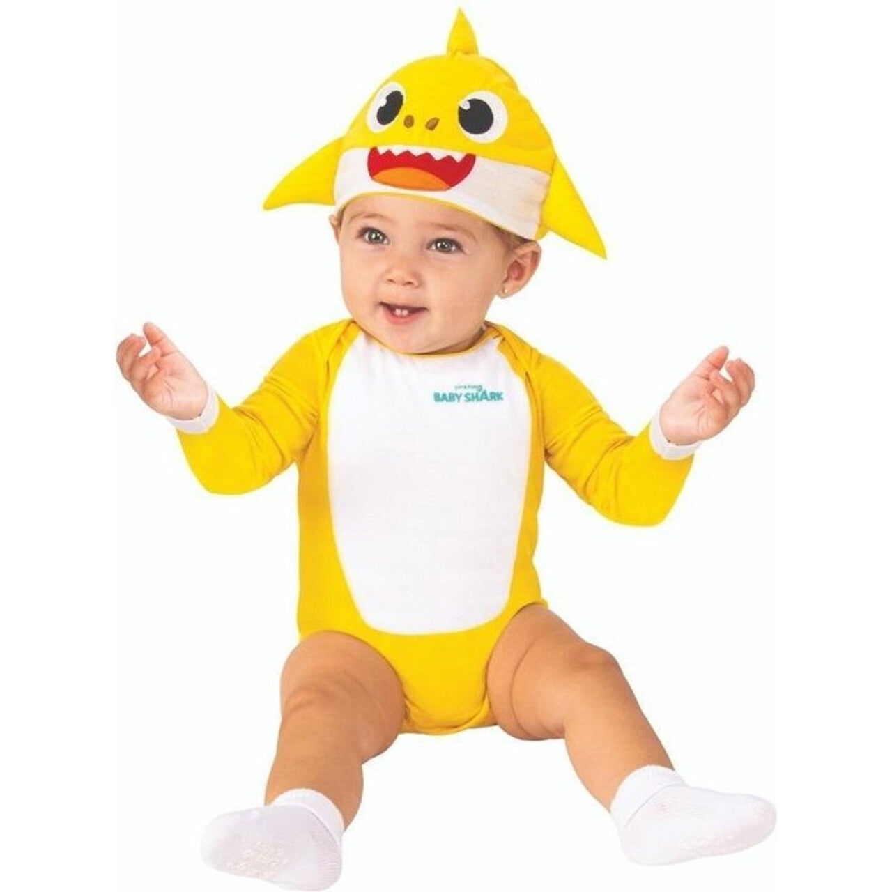 Op deze afbeelding zie je een Kostuums, van het merk Rubies. Gele Echte Baby Shark Tututututu Kind Kostuum