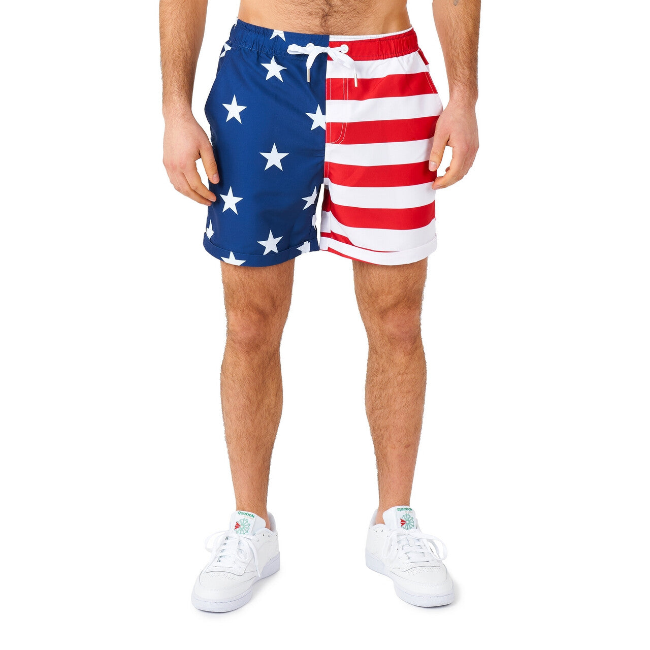 Op deze afbeelding zie je een Kostuums, van het merk Opposuits. Mr America Stars And Stripes Man Kostuum