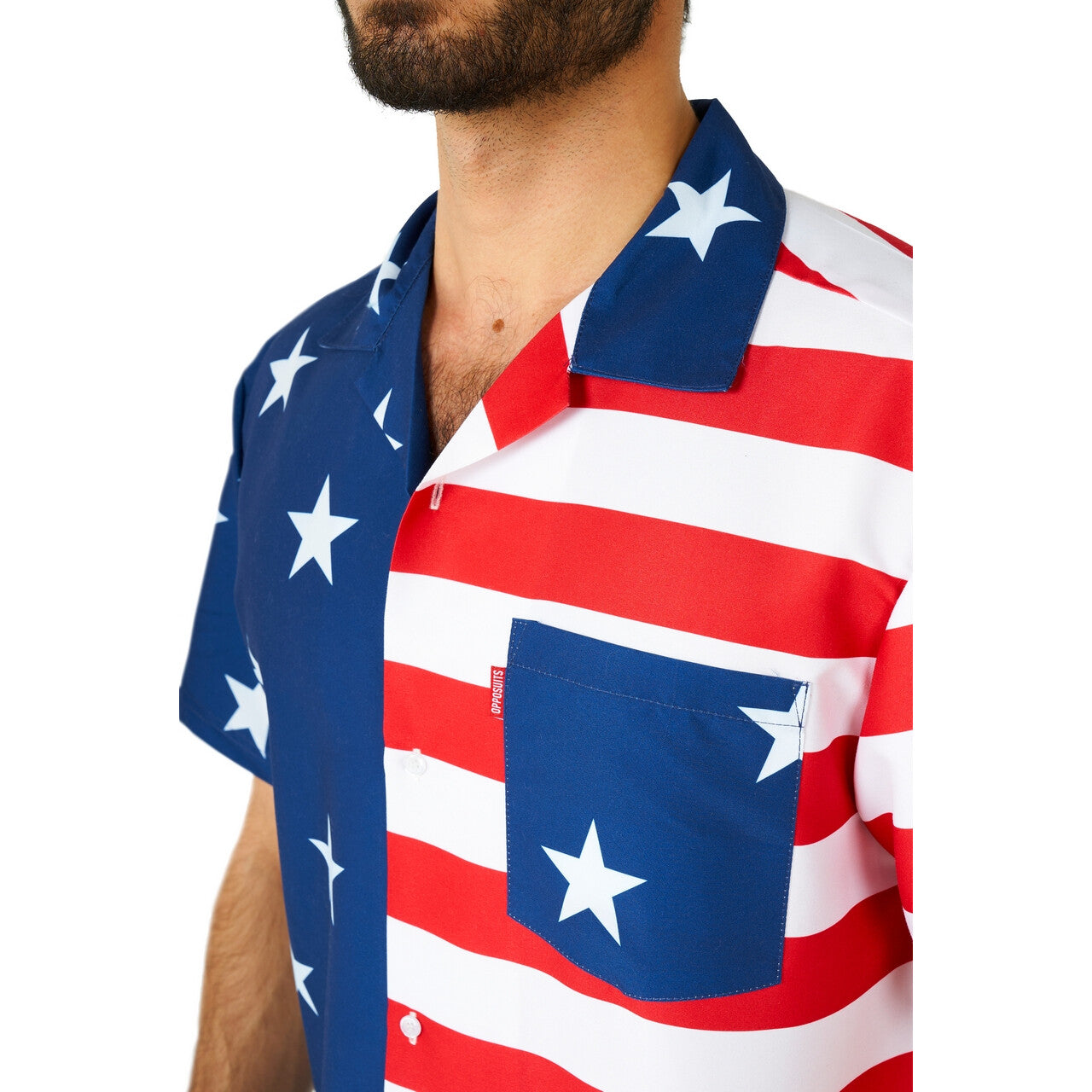 Op deze afbeelding zie je een Kostuums, van het merk Opposuits. Mr America Stars And Stripes Man Kostuum