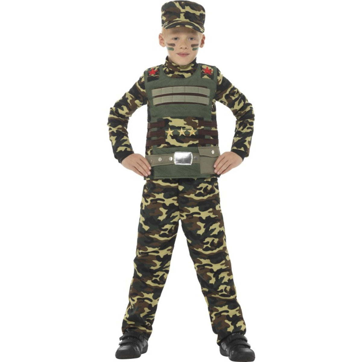 Op deze afbeelding zie je een Kostuums, van het merk Smiffy's. Camouflage Soldaat Tim Jongen Kostuum