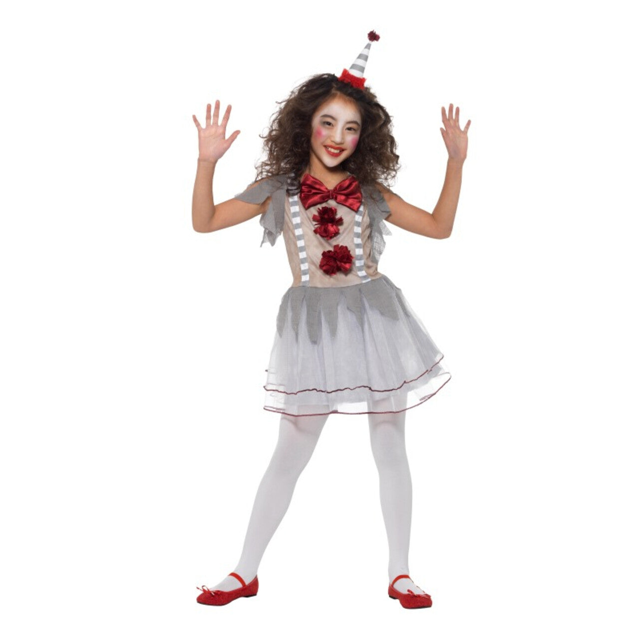 Op deze afbeelding zie je een Kostuums, van het merk Smiffy's. Grappige Grijze Grollen Clown Meisje Kostuum
