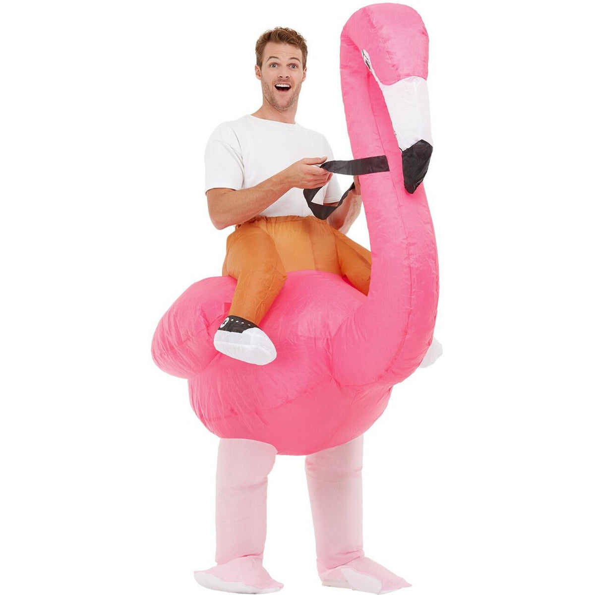 Op deze afbeelding zie je een Kostuums, van het merk Smiffy's. Opblaasbaar Rijden Op Een Flamingo Kostuum