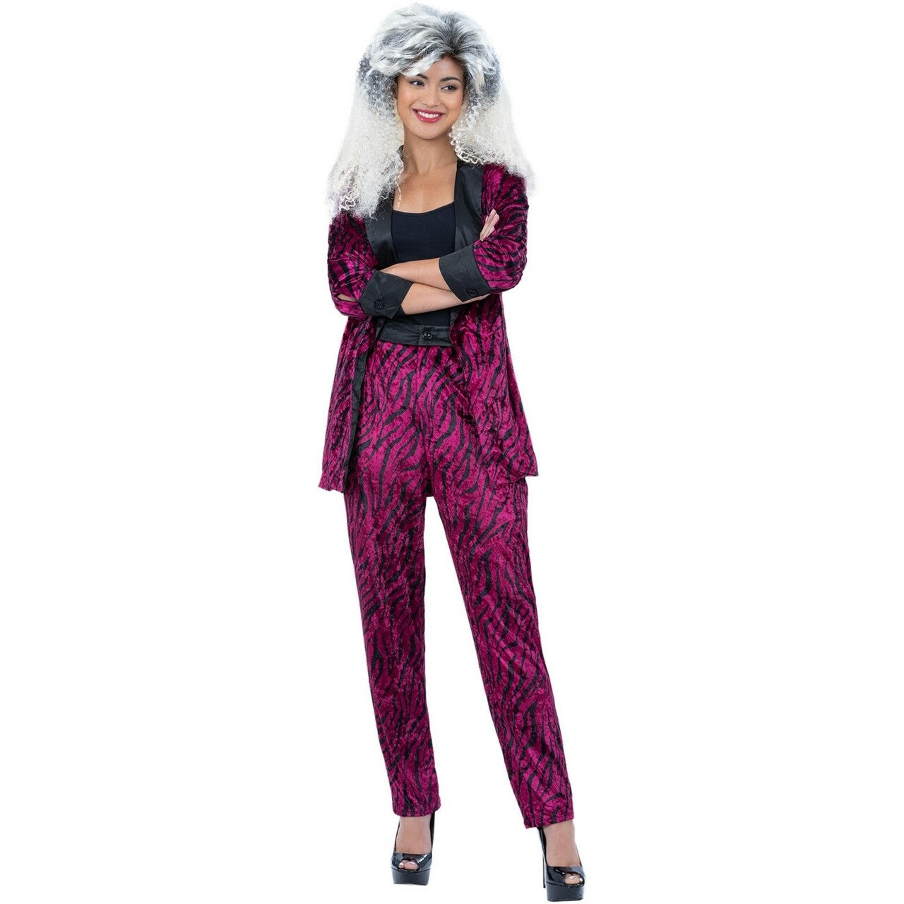 Op deze afbeelding zie je een Kostuums, van het merk Smiffy's. Fout 80s Pink Zebra Suit Vrouw Kostuum