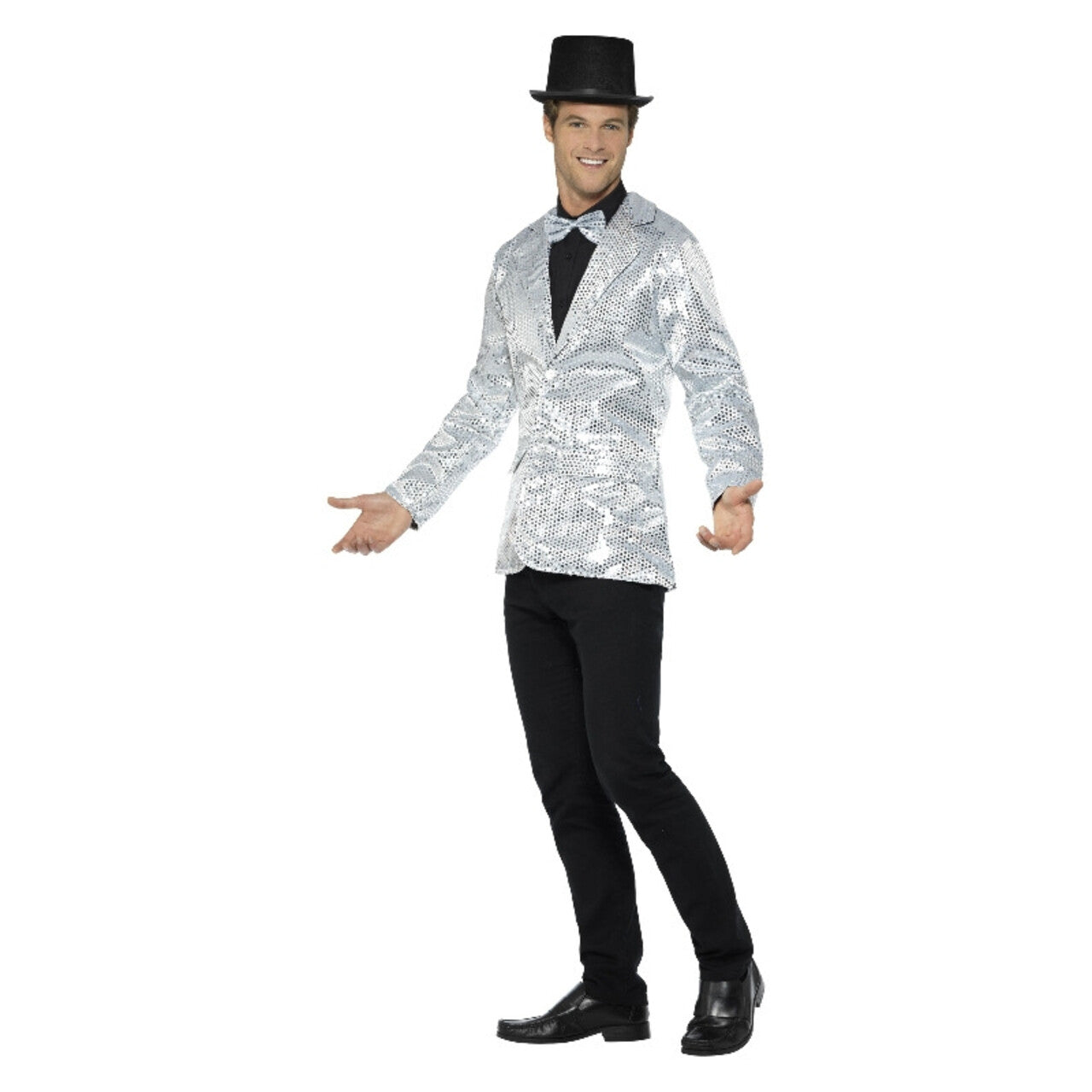 Op deze afbeelding zie je een Kostuums, van het merk Smiffy's. Zilveren Pailletten Showman Jas