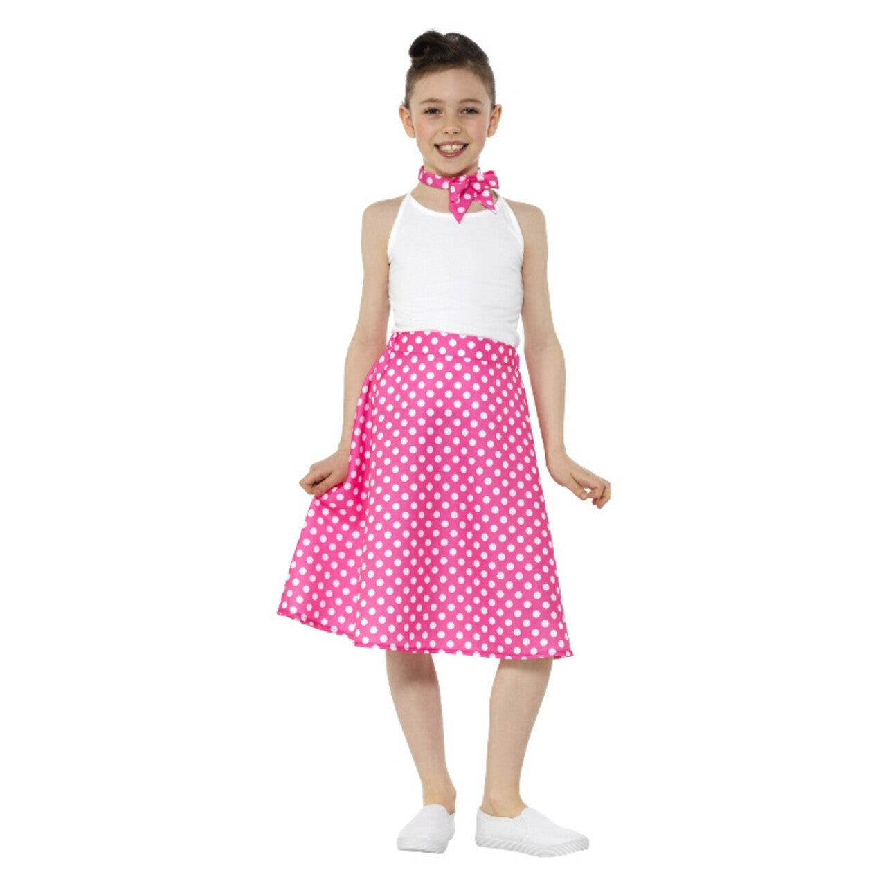 Op deze afbeelding zie je een Kostuums, van het merk Smiffy's. Roze Fleurige Stippen Jaren 50 Kind Polka Dot Meisje Kostuum