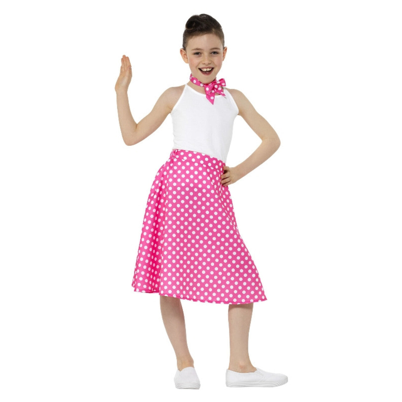 Op deze afbeelding zie je een Kostuums, van het merk Smiffy's. Roze Fleurige Stippen Jaren 50 Kind Polka Dot Meisje Kostuum