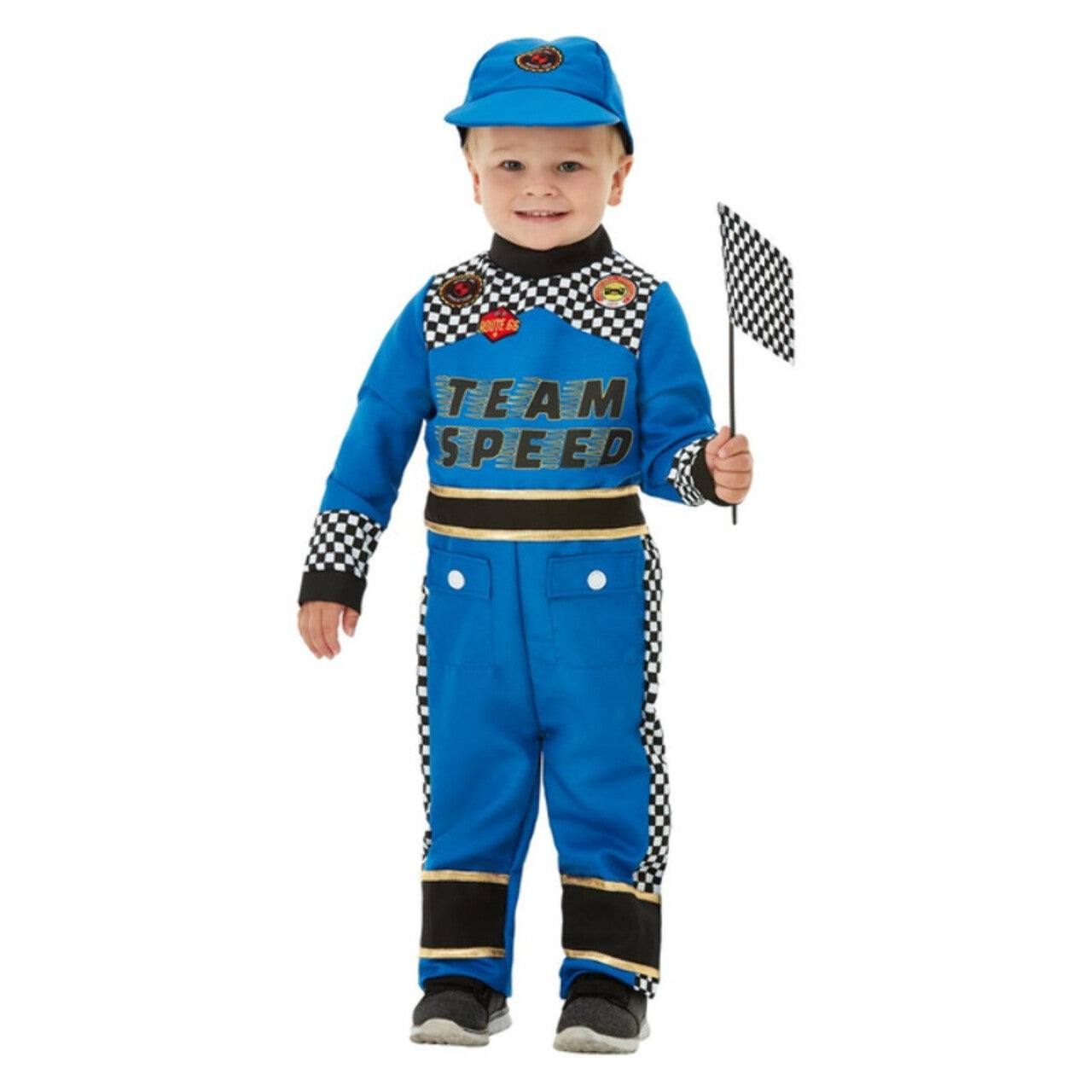 Op deze afbeelding zie je een Kostuums, van het merk Smiffy's. Formule 1 Coureur Snel Over De Finish Jongen Kostuum