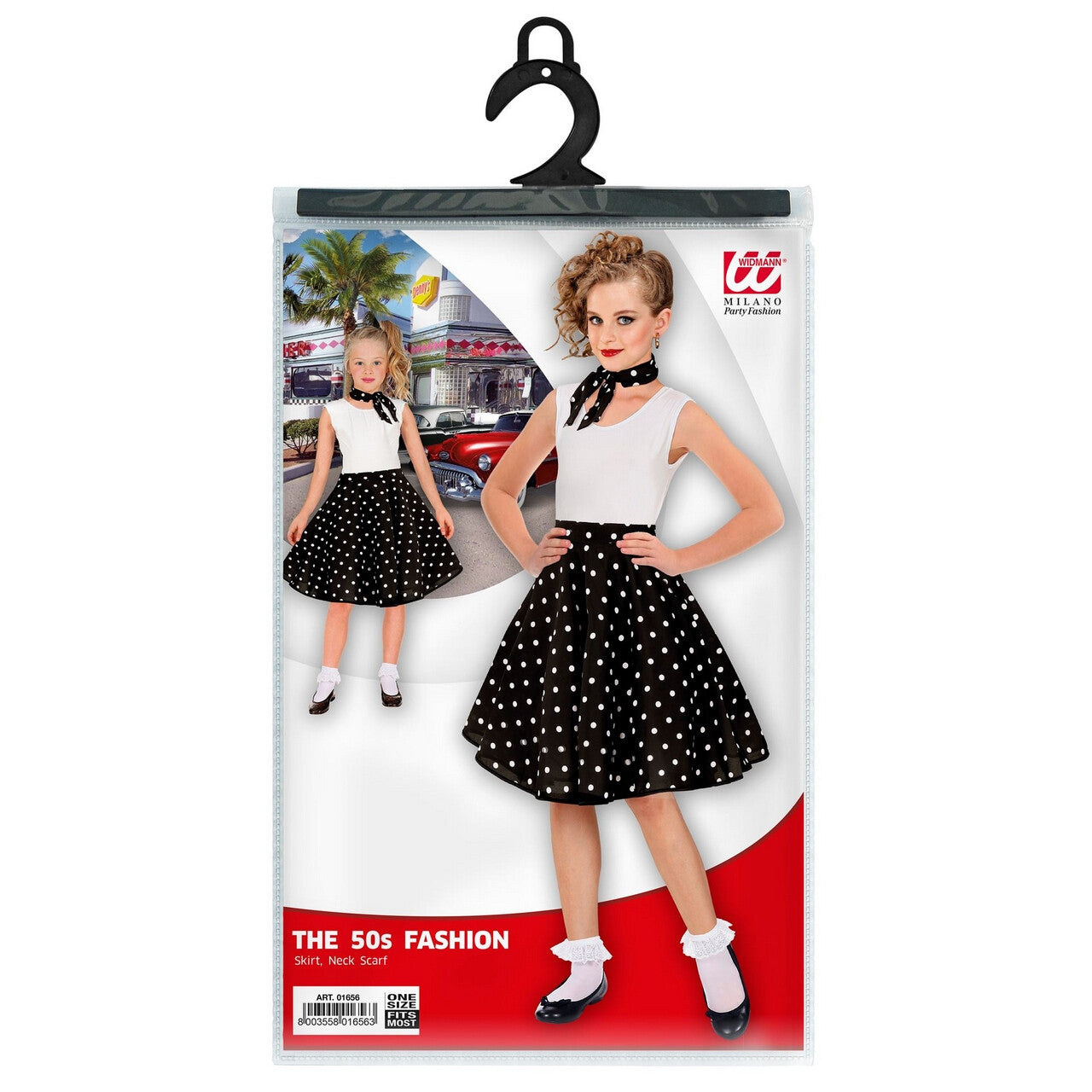 Op deze afbeelding zie je een Kostuums, van het merk Widmann. Jaren 50 Stippenrok Zwart Wit Met Sjaal Kind Meisje