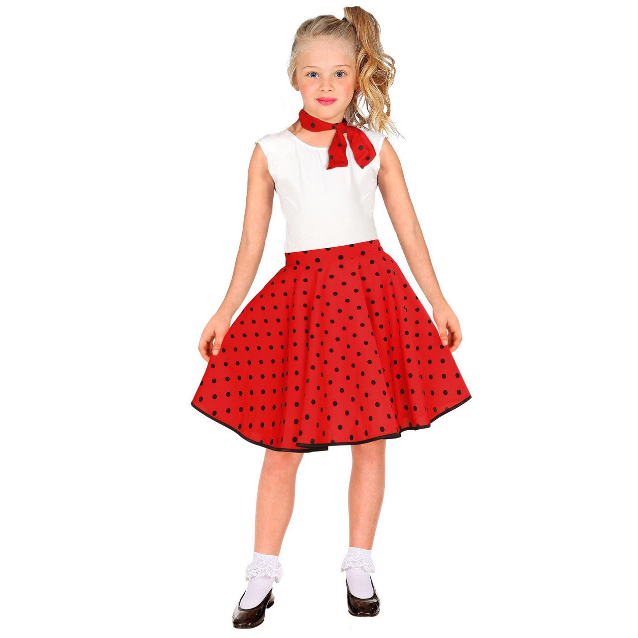 Op deze afbeelding zie je een Kostuums, van het merk Widmann. Jaren 50 Stippenrok Rood Zwart Met Sjaal Kind Meisje