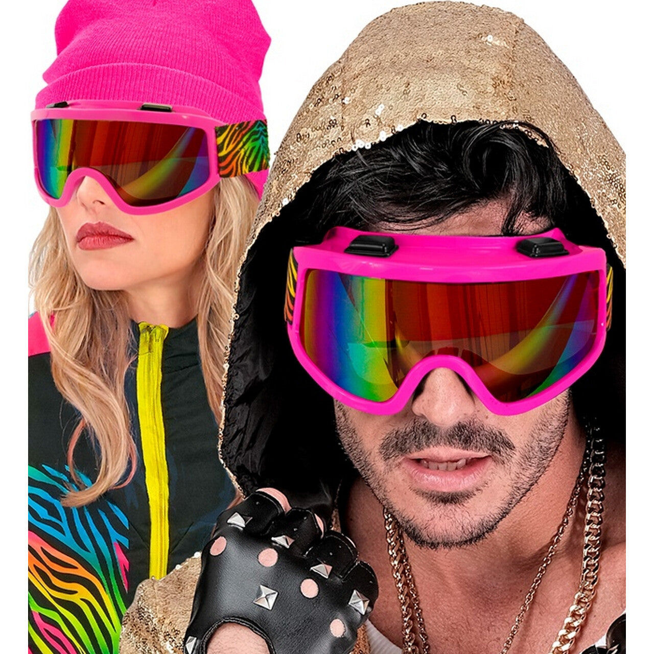Op deze afbeelding zie je een Accessoires, van het merk Widmann. Foute Jaren 80 Ski Bril Roze Met Tijgerprint