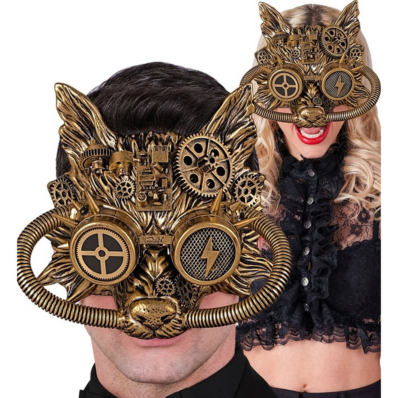 Op deze afbeelding zie je een Accessoires, van het merk Widmann. Gouden Fantasy Wolf Masker Steampunk
