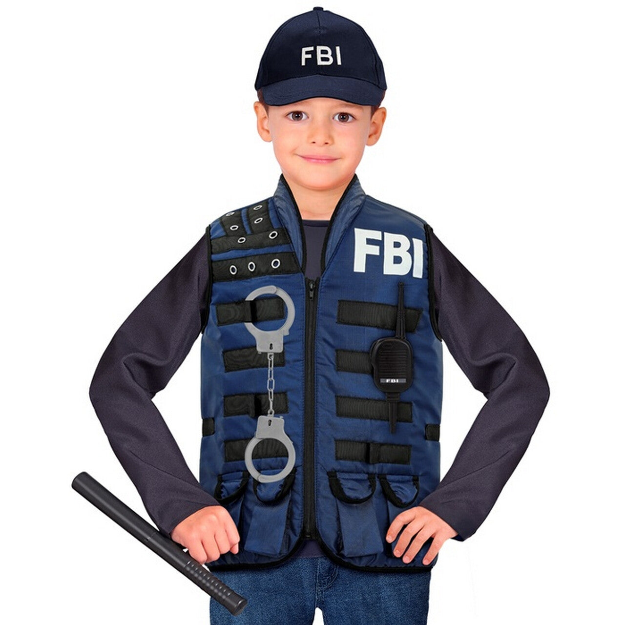 Op deze afbeelding zie je een Kostuums, van het merk Widmann. Utility Politie Vest Blauw Met Accessoires Kind Kostuum