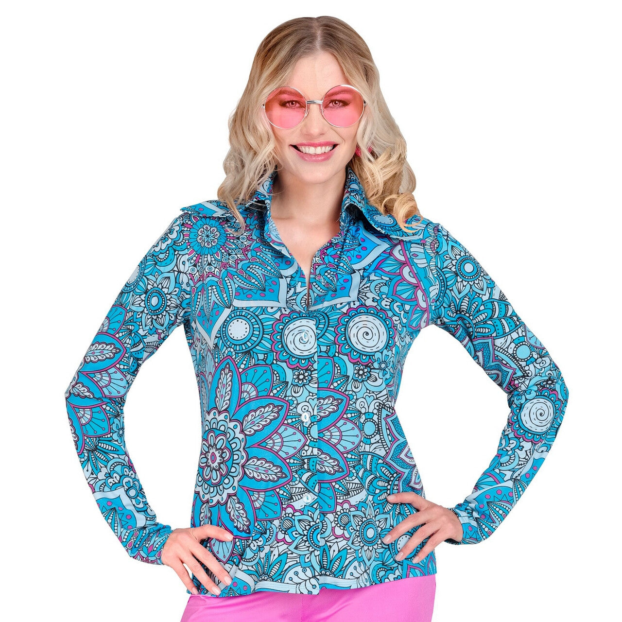 Op deze afbeelding zie je een Kostuums, van het merk Widmann. Super 60s Mandala Blue Shirt Vrouw