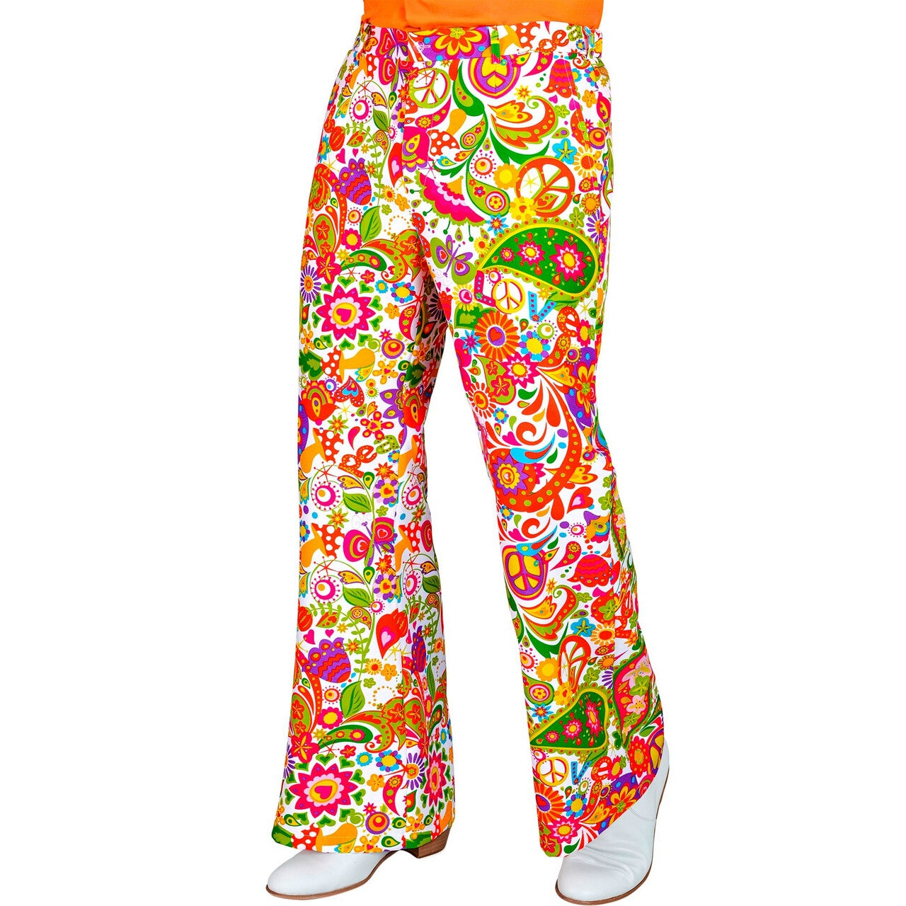 Op deze afbeelding zie je een Kostuums, van het merk Widmann. Super 60s Peace And Flower Wijde Pijpen Broek Man