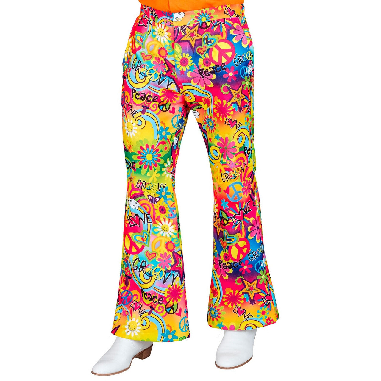 Op deze afbeelding zie je een Kostuums, van het merk Widmann. Super 60s Peace And Love Wijde Pijpen Broek Man