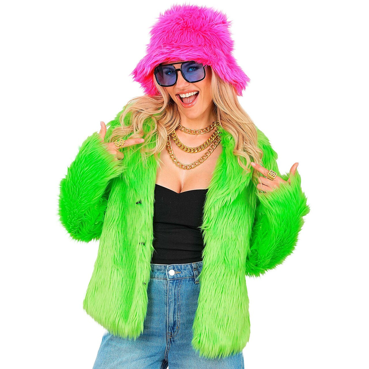 Op deze afbeelding zie je een Kostuums, van het merk Widmann. Neon Groene Bontjas Kikkergroen Vrouw