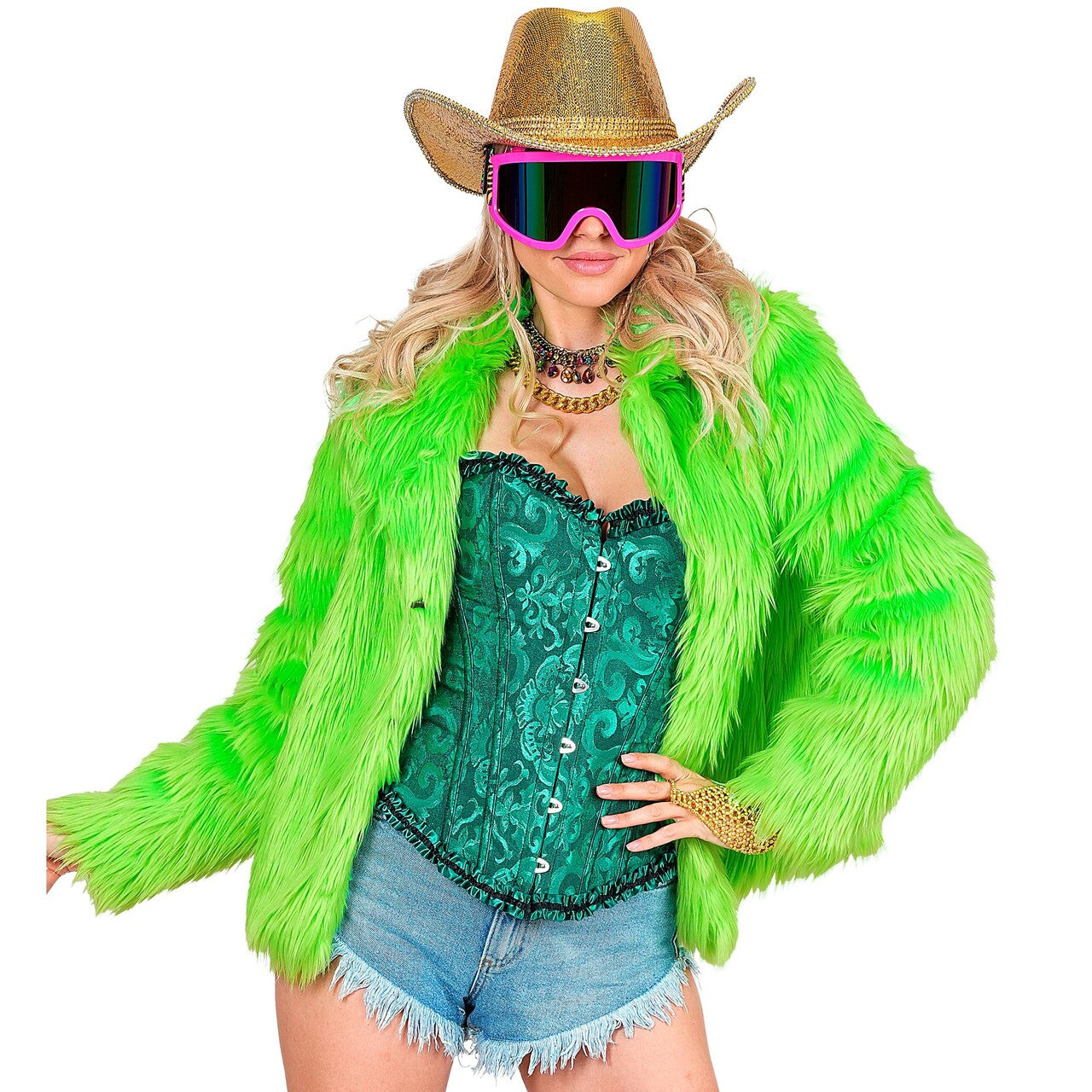 Op deze afbeelding zie je een Kostuums, van het merk Widmann. Neon Groene Bontjas Kikkergroen Vrouw