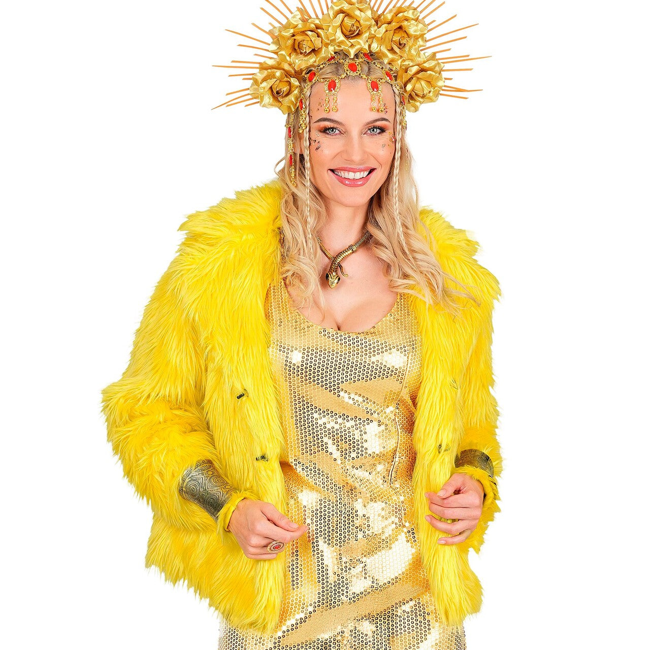 Op deze afbeelding zie je een Kostuums, van het merk Widmann. Kanarie Gele Bontjas Vrouw