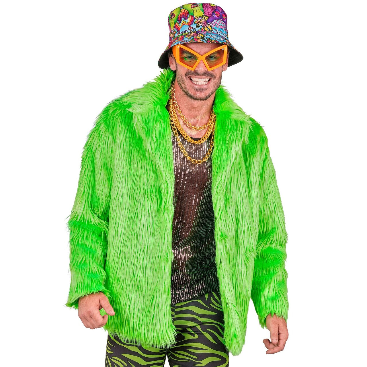 Op deze afbeelding zie je een Kostuums, van het merk Widmann. Gifgroene Pooier Bontjas