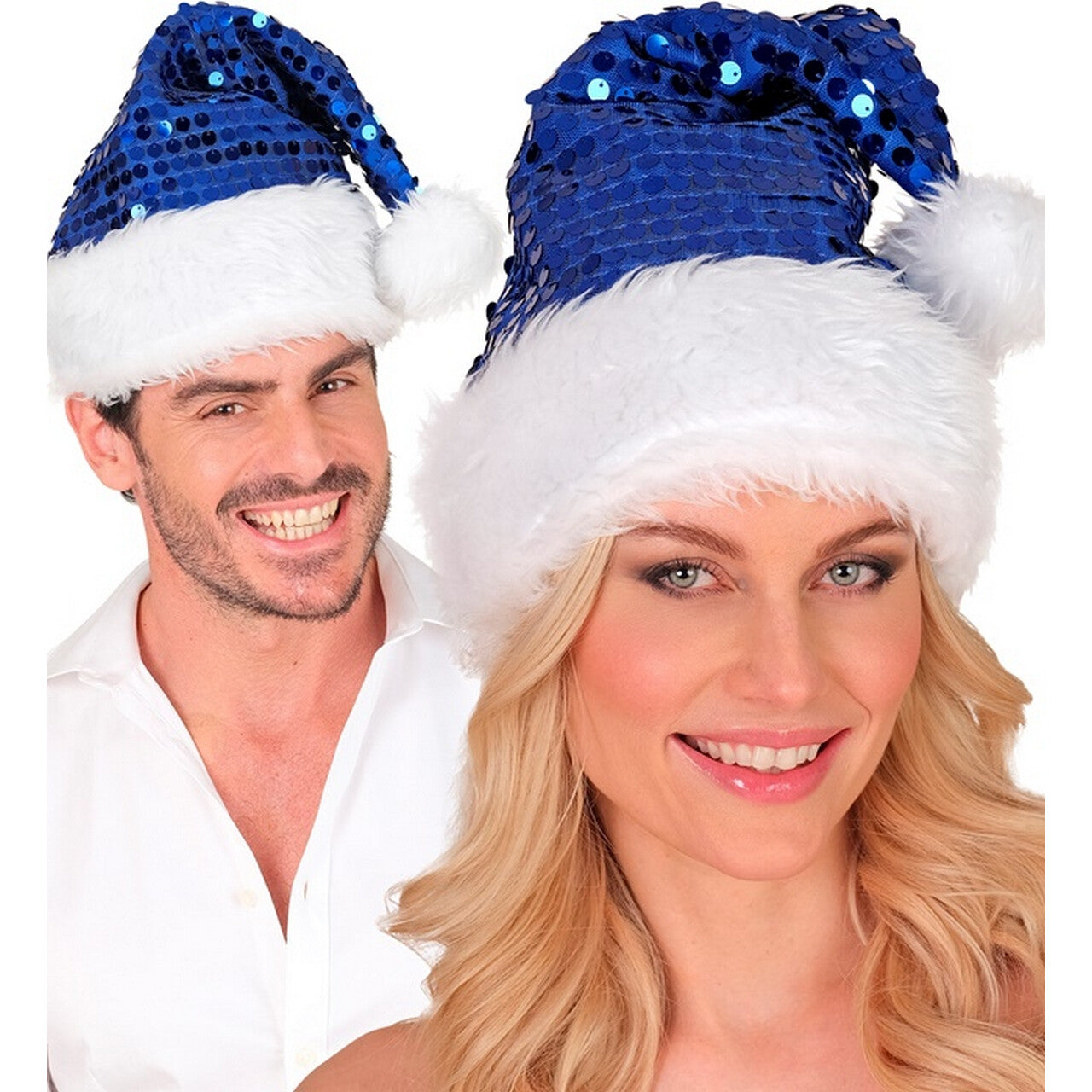 Op deze afbeelding zie je een Accessoires, van het merk Widmann. Glitter Bling Kerst Muts Met Pailletten Blauw