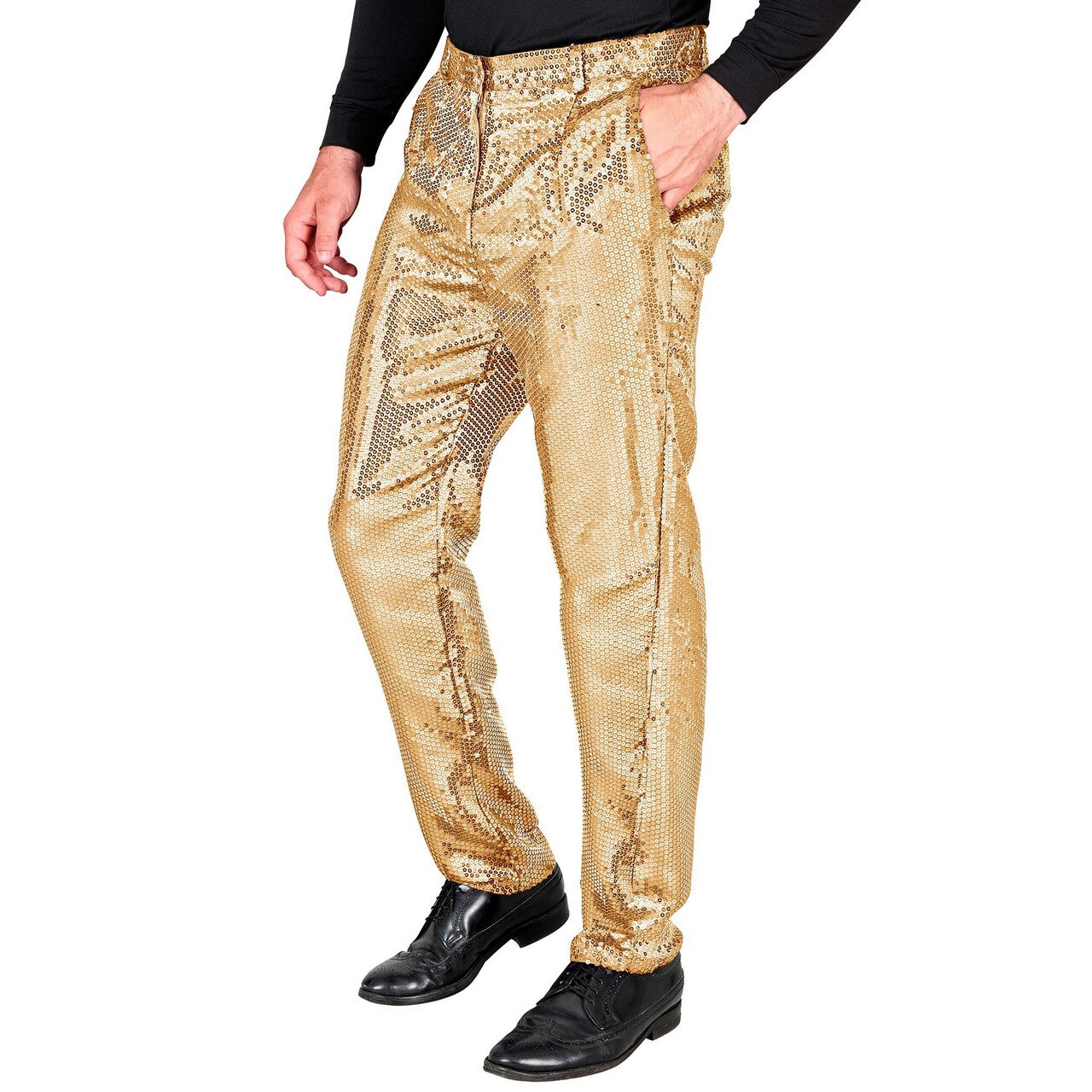Op deze afbeelding zie je een Kostuums, van het merk Widmann. Oogverblindende Pailletten Broek Goud Man