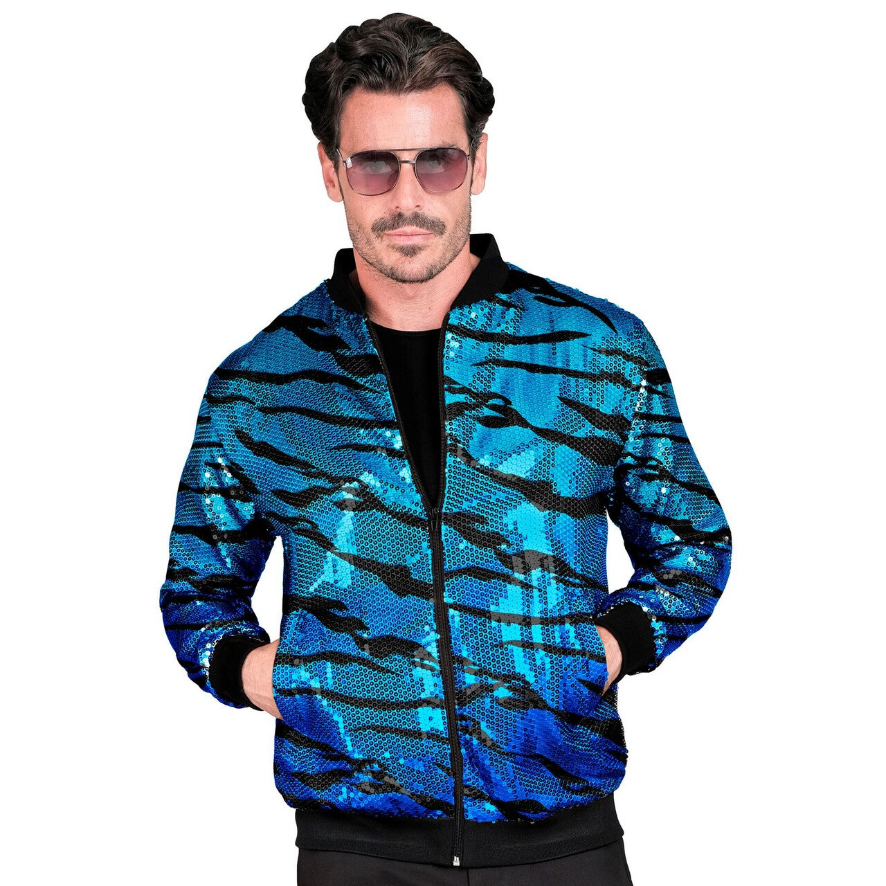 Op deze afbeelding zie je een Kostuums, van het merk Widmann. Bomberjack Pailletten Jas Avatar Blue Waves