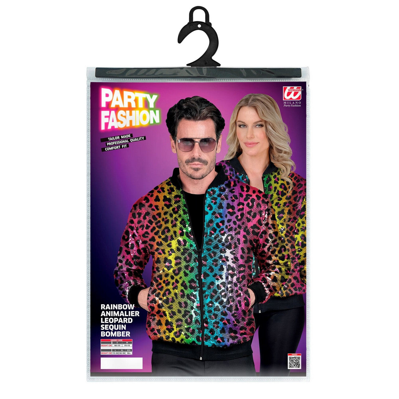 Op deze afbeelding zie je een Kostuums, van het merk Widmann. Bomberjack Regenboog Jungle Party Luipaard Jas