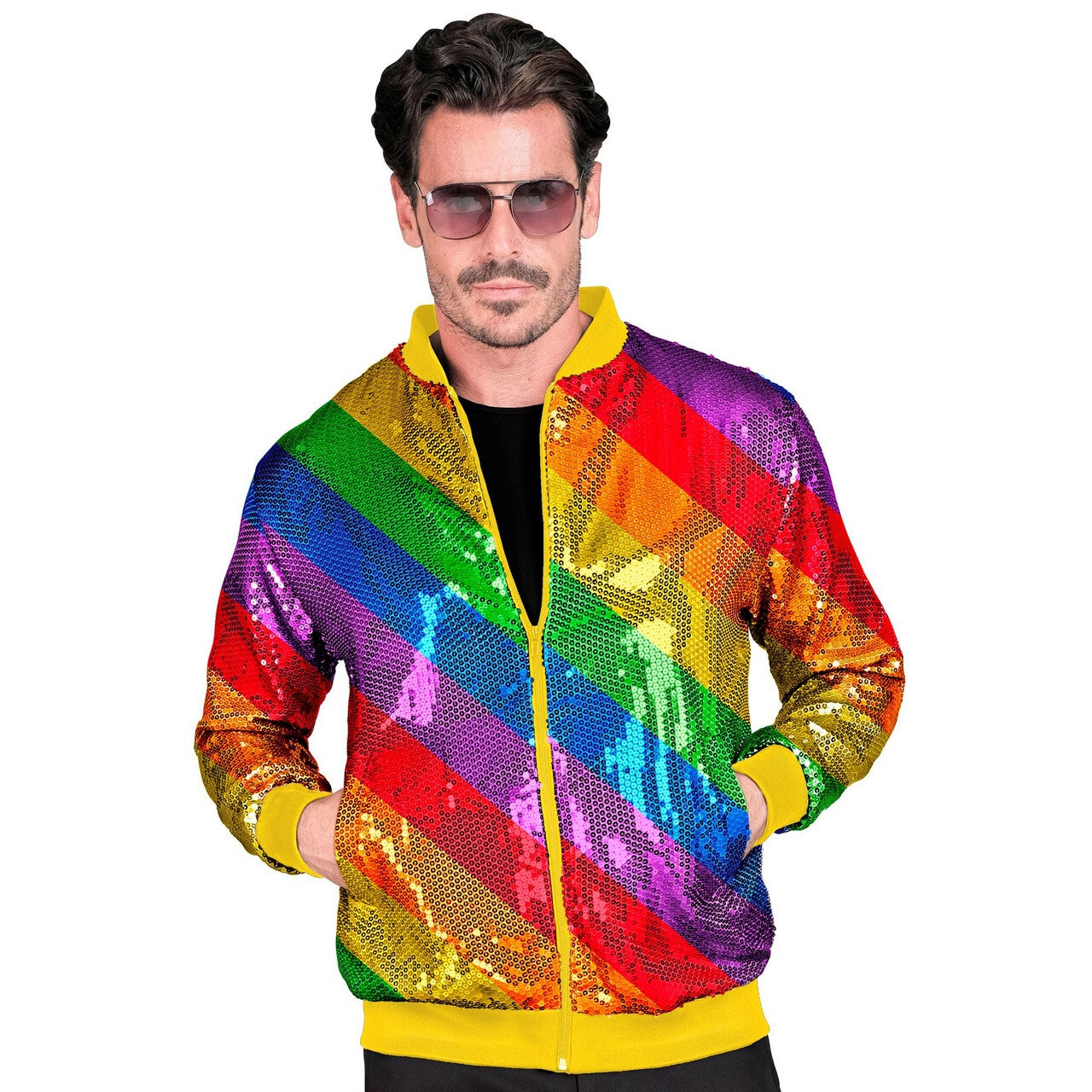 Op deze afbeelding zie je een Kostuums, van het merk Widmann. Bomberjack Regenboog Strepen Jas