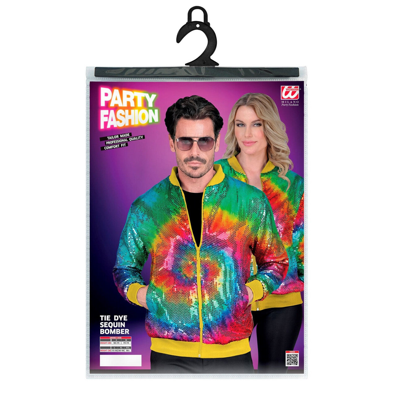 Op deze afbeelding zie je een Kostuums, van het merk Widmann. Bomberjack Hippie Tie Dye Pailletten Jas