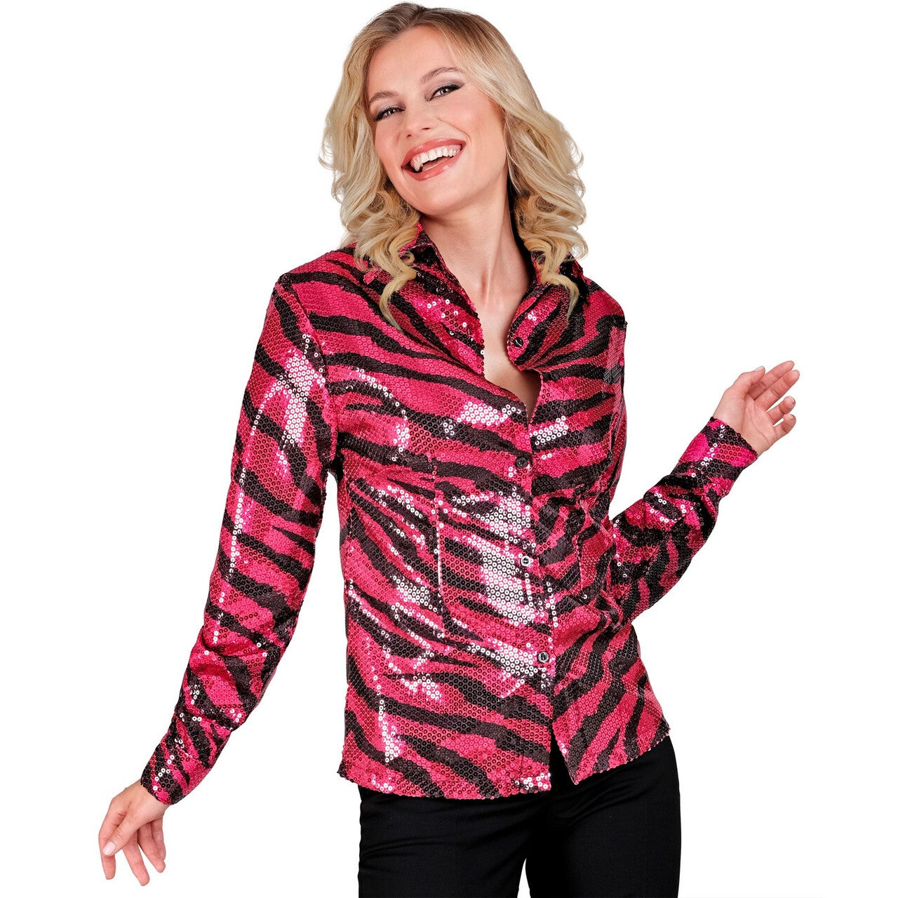 Op deze afbeelding zie je een Kostuums, van het merk Widmann. Pailletten Blouse Tijger Topper Roze Vrouw