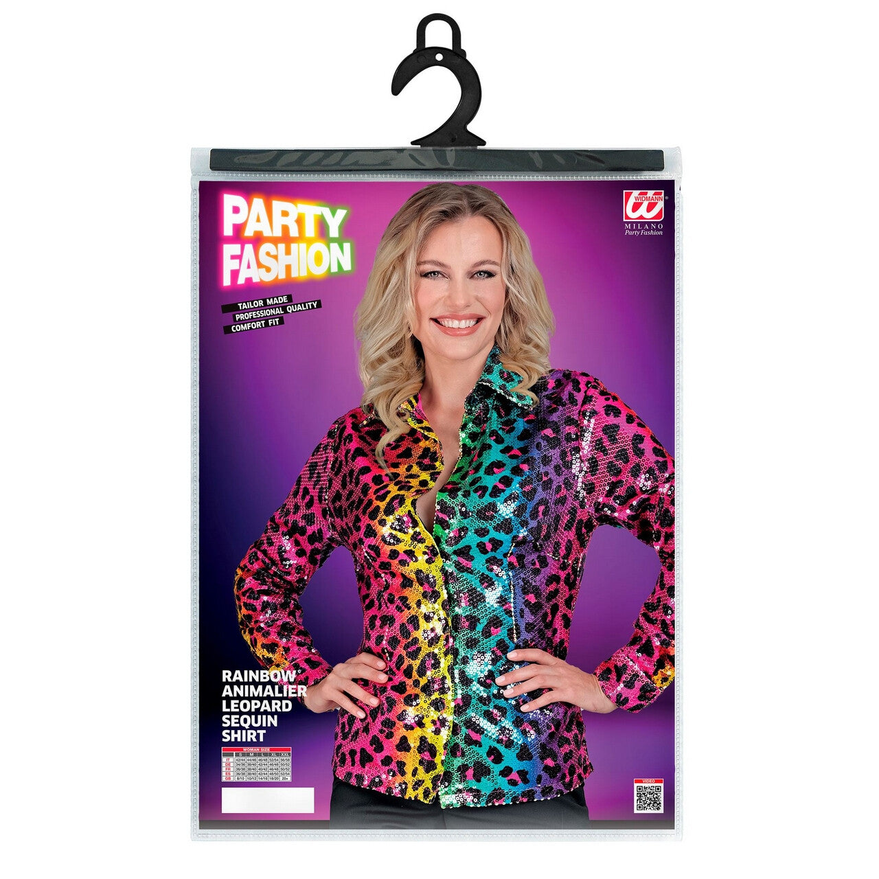 Op deze afbeelding zie je een Kostuums, van het merk Widmann. Ultrafoute Pailletten Blouse Rainbow Luipaard Vrouw