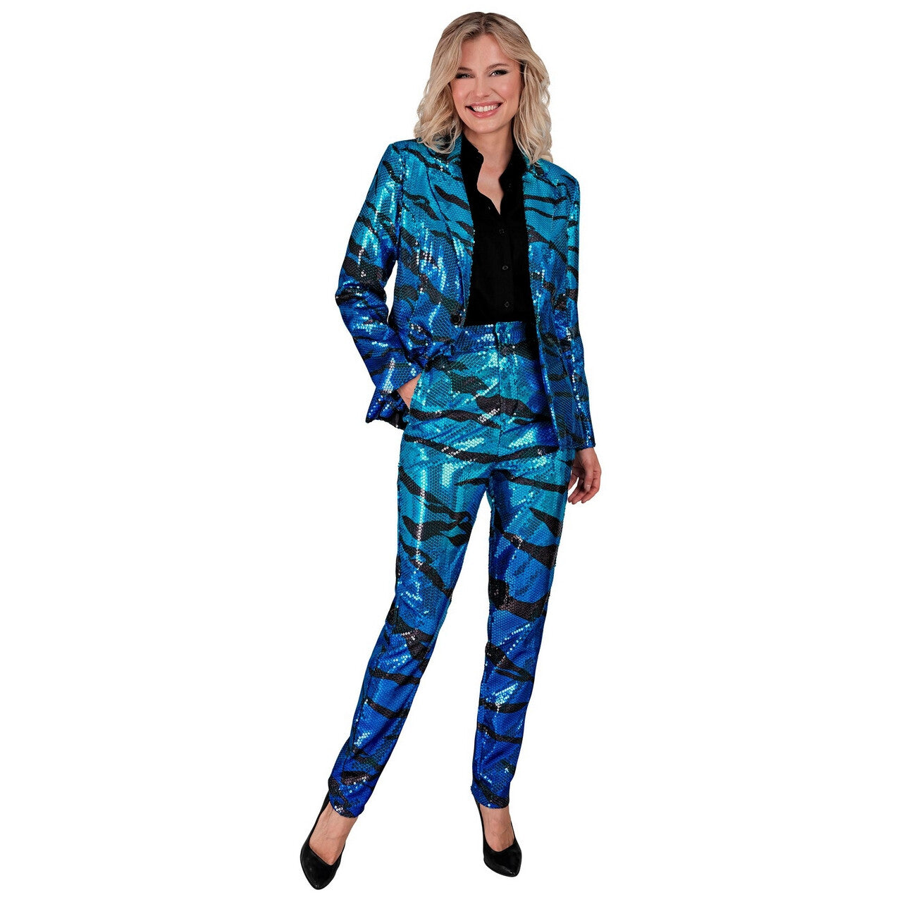 Op deze afbeelding zie je een Kostuums, van het merk Widmann. Pailletten Broek Avator Blue Waves Vrouw