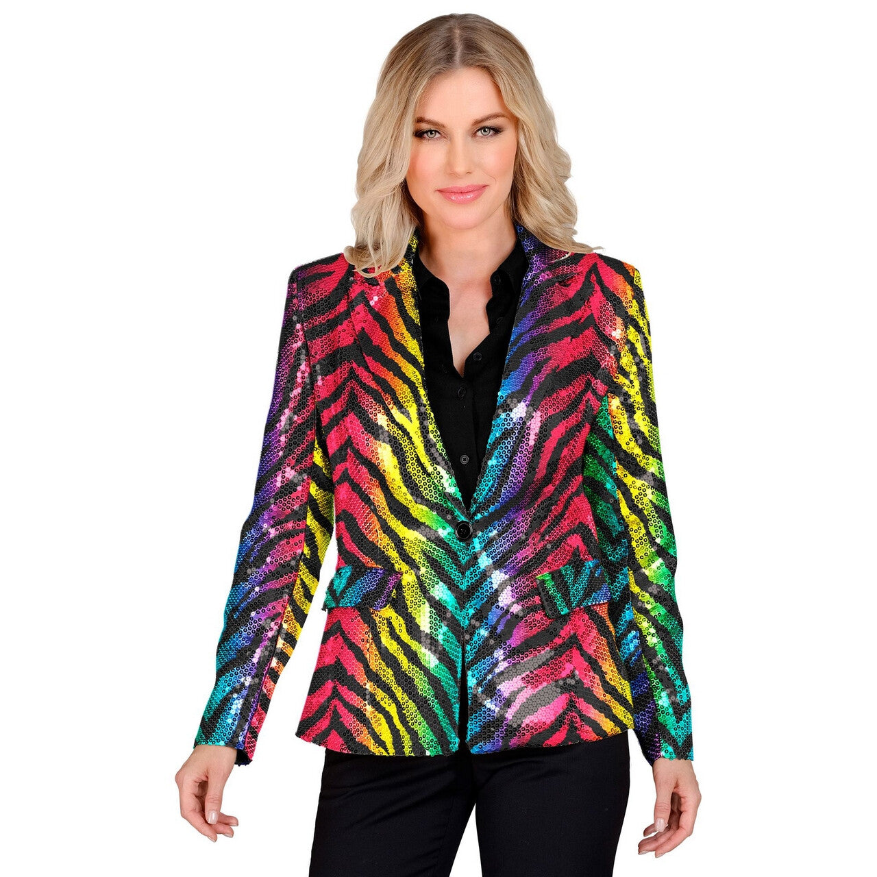 Op deze afbeelding zie je een Kostuums, van het merk Widmann. Pailletten Blazer Crazy Rainbow Stripes Vrouw