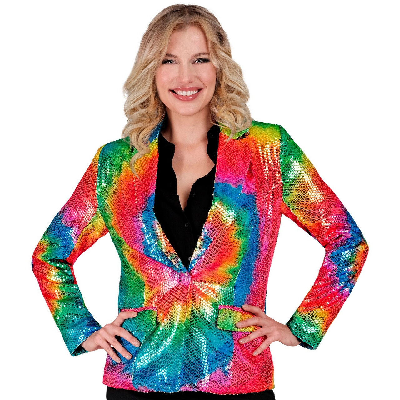 Op deze afbeelding zie je een Kostuums, van het merk Widmann. Pailletten Blazer Hippie Fun Circles Vrouw