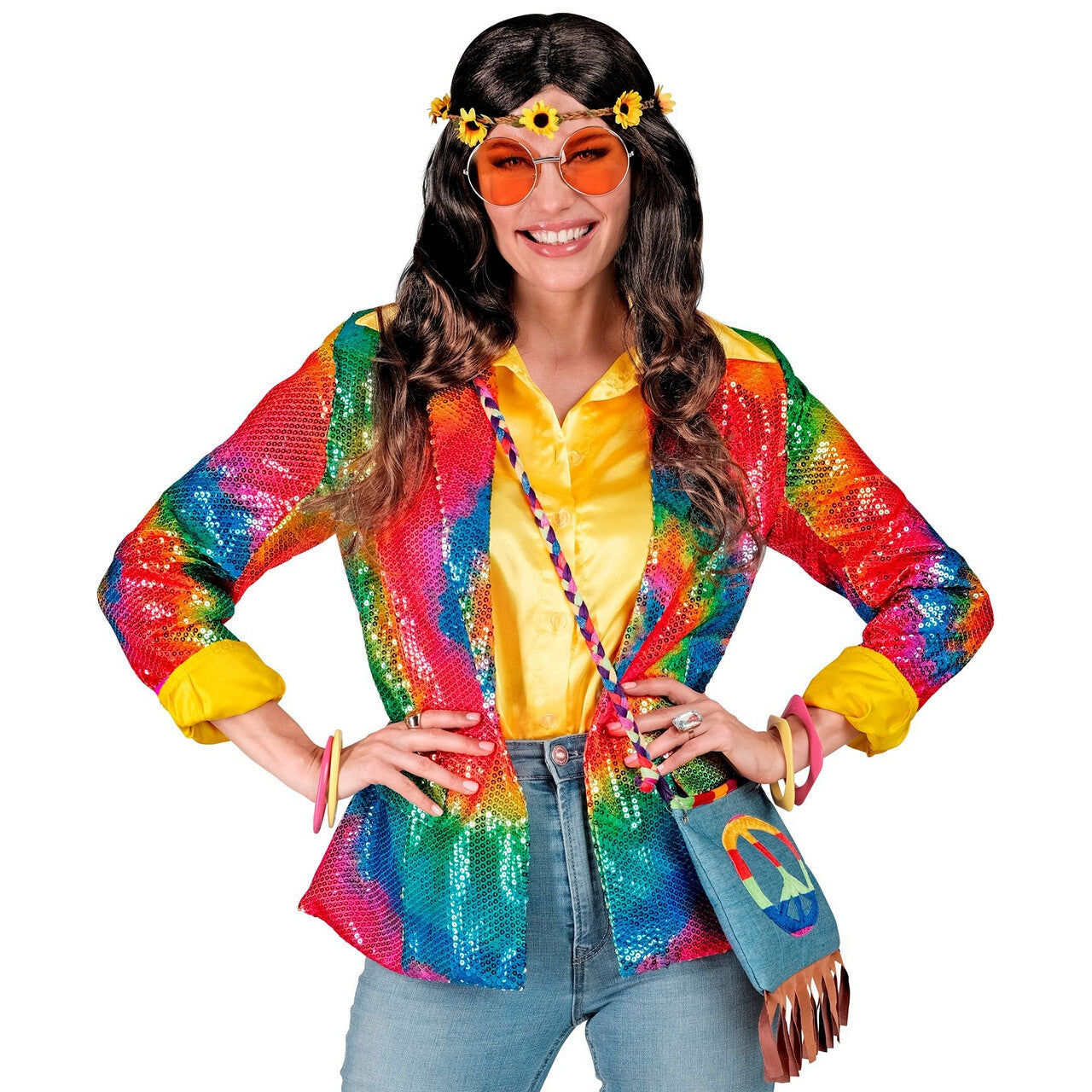 Op deze afbeelding zie je een Kostuums, van het merk Widmann. Pailletten Blazer Hippie Fun Circles Vrouw