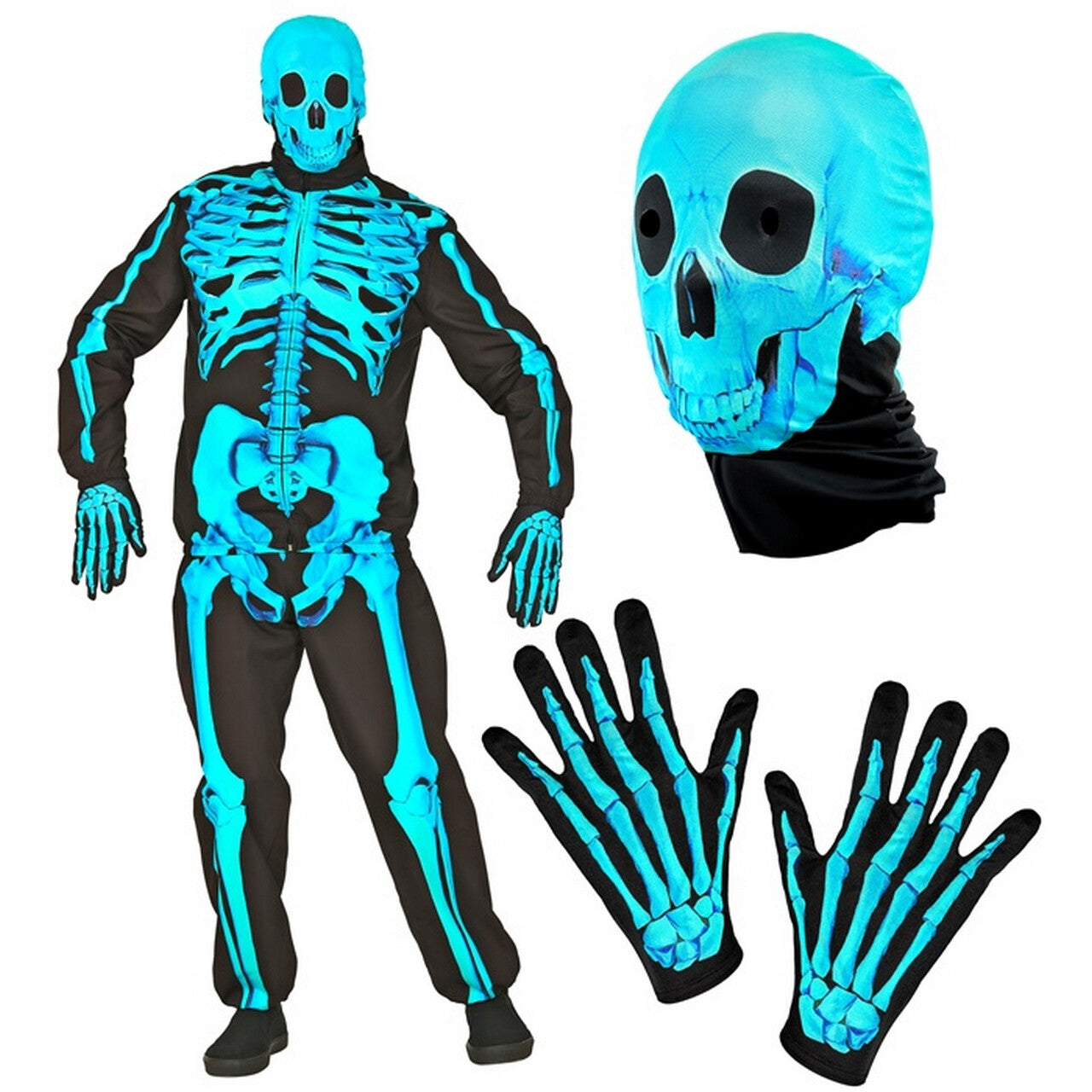 Op deze afbeelding zie je een Kostuums, van het merk Widmann. Neon Skelet Blauw Kostuum