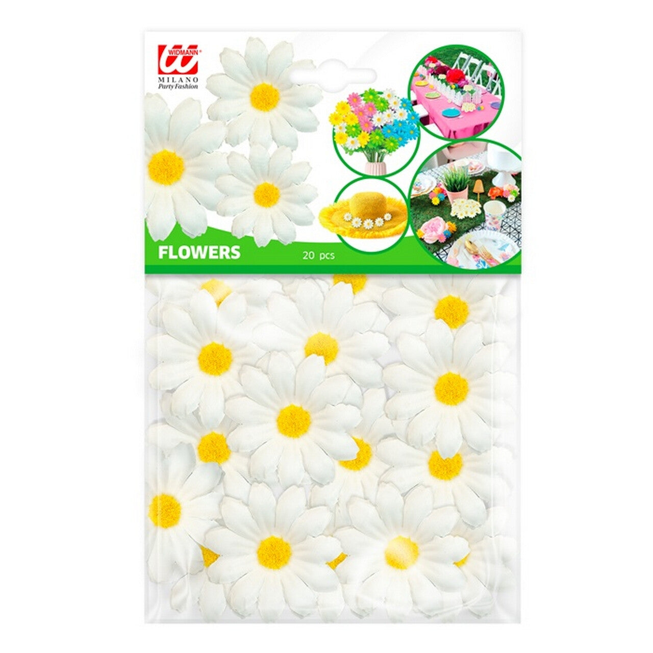 Op deze afbeelding zie je een Decoratie, van het merk Widmann. Madeliefjes Witte Bloemendecoratie 20 Stuks