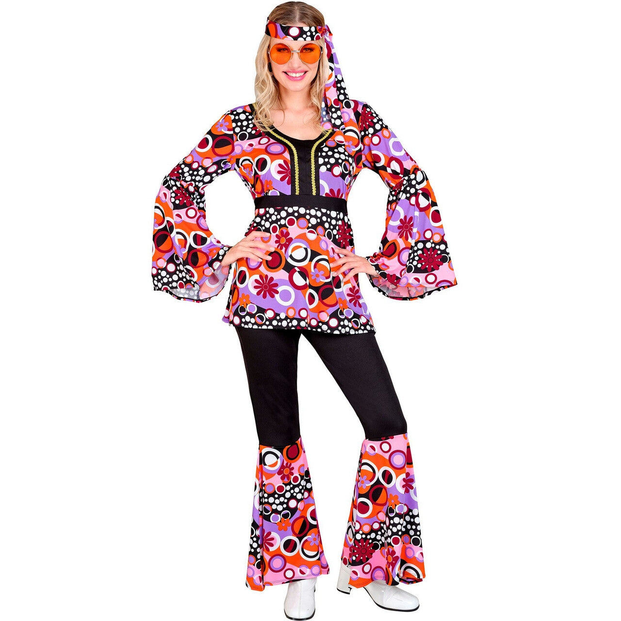Op deze afbeelding zie je een Kostuums, van het merk Widmann. Groovy Bubbles Jaren 70 Style Roze Vrouw Kostuum