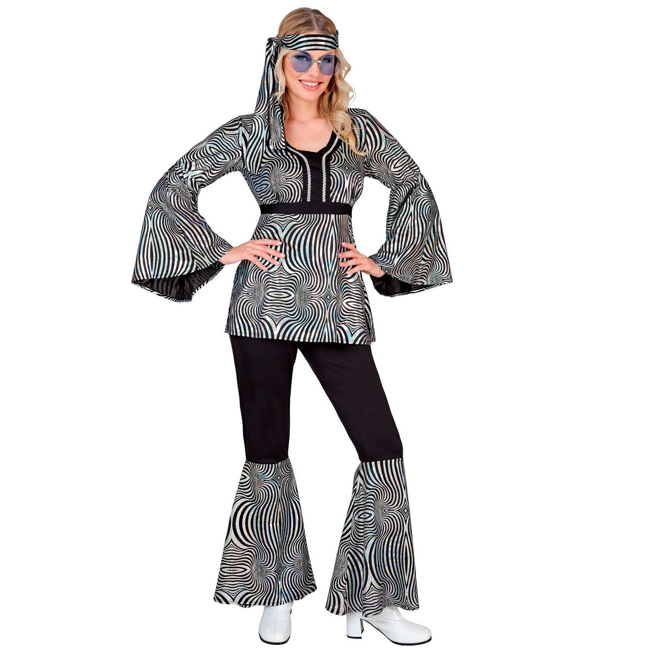 Op deze afbeelding zie je een Kostuums, van het merk Widmann. 70s Groovy Kostuum Disco Zilver XXL Vrouw