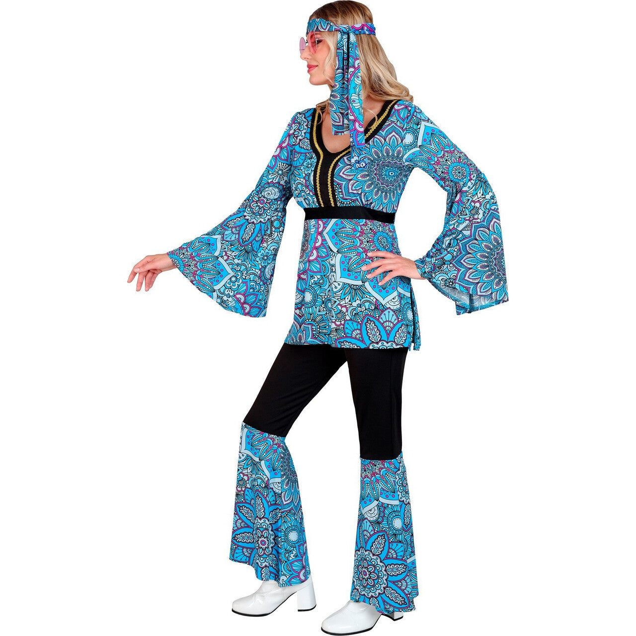 Op deze afbeelding zie je een Kostuums, van het merk Widmann. Mandala Dance Hippie Jaren 60 Blauw Vrouw Kostuum
