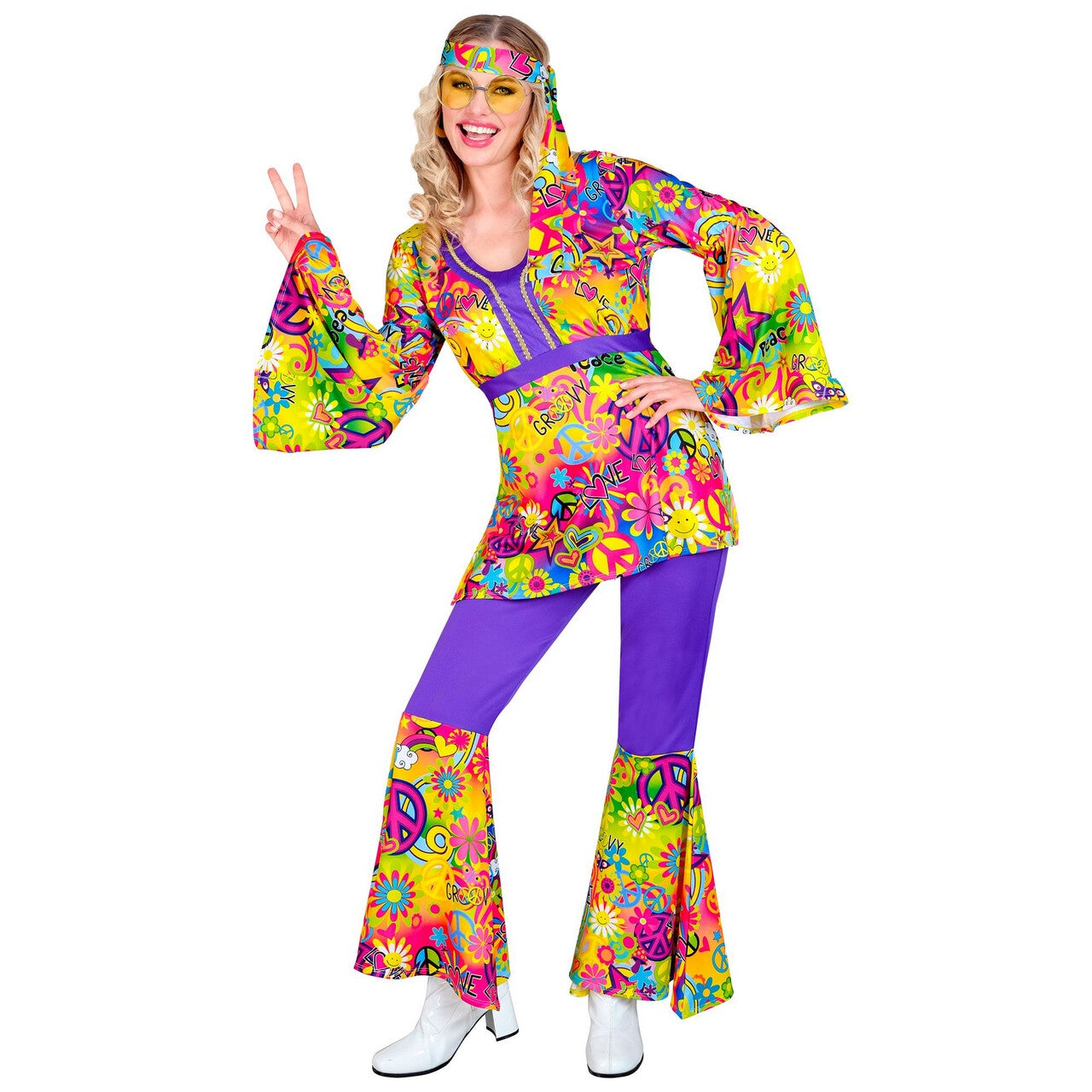 Op deze afbeelding zie je een Kostuums, van het merk Widmann. Groovy Peace And Love Hippie Jaren 60 Style Vrouw Kostuum