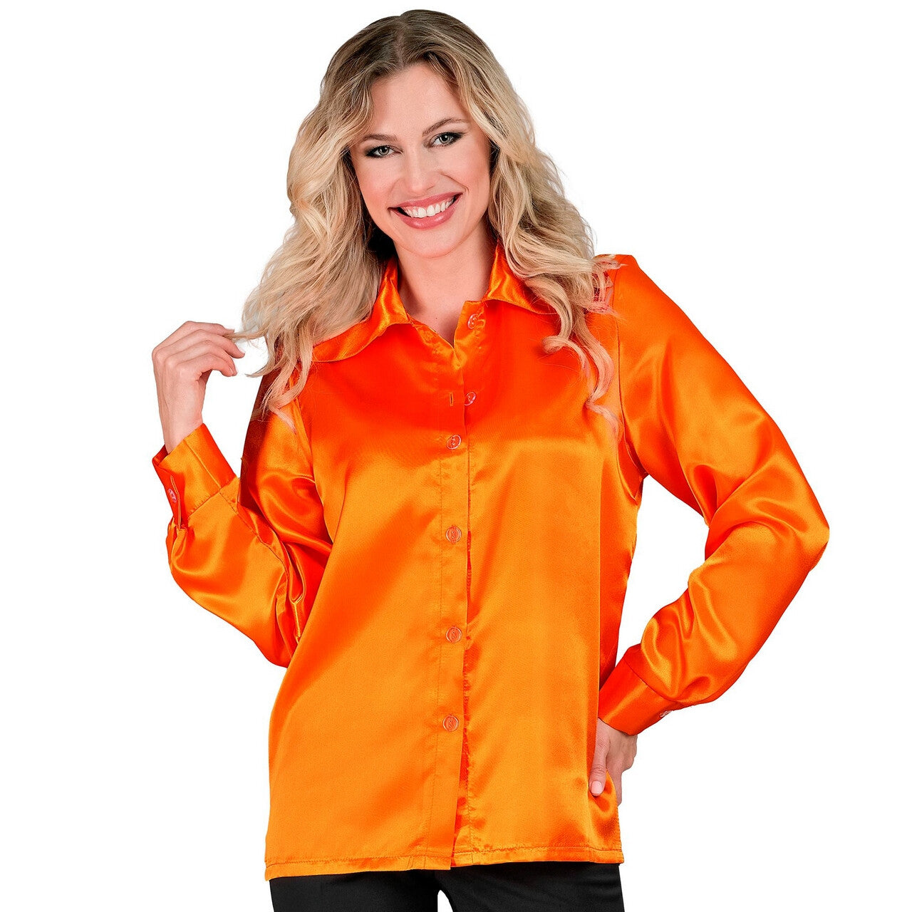 Op deze afbeelding zie je een Kostuums, van het merk Widmann. Jaren 70 Blouse Satijn Oranje Vrouw
