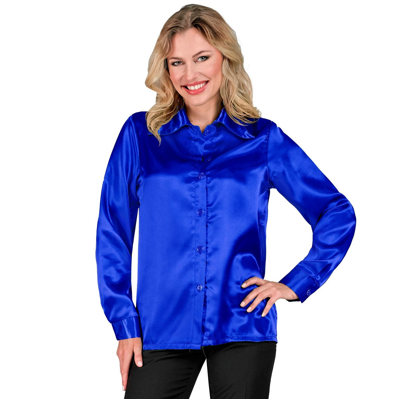 Op deze afbeelding zie je een Kostuums, van het merk Widmann. Jaren 70 Blouse Satijn Blauw Vrouw