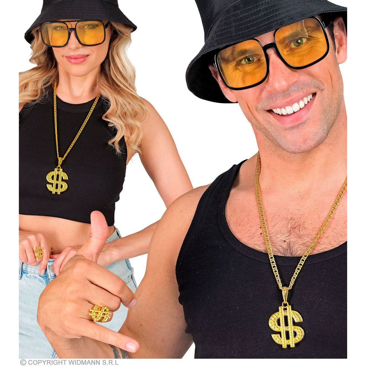 Op deze afbeelding zie je een Accessoires, van het merk Widmann. Set Ketting En Ring Dollarteken Goud