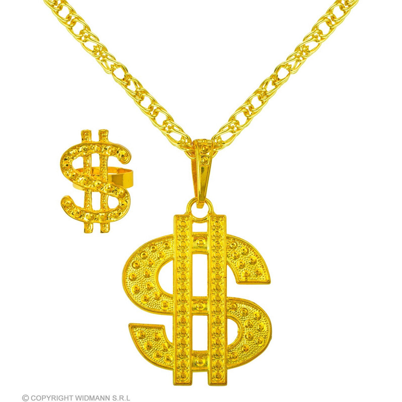 Op deze afbeelding zie je een Accessoires, van het merk Widmann. Set Ketting En Ring Dollarteken Goud