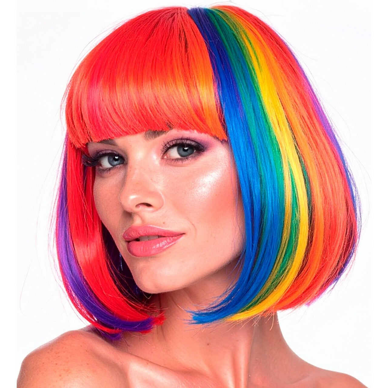 Op deze afbeelding zie je een Accessoires, van het merk Widmann. Pruik Fantasy Bobline Rainbow Beauty