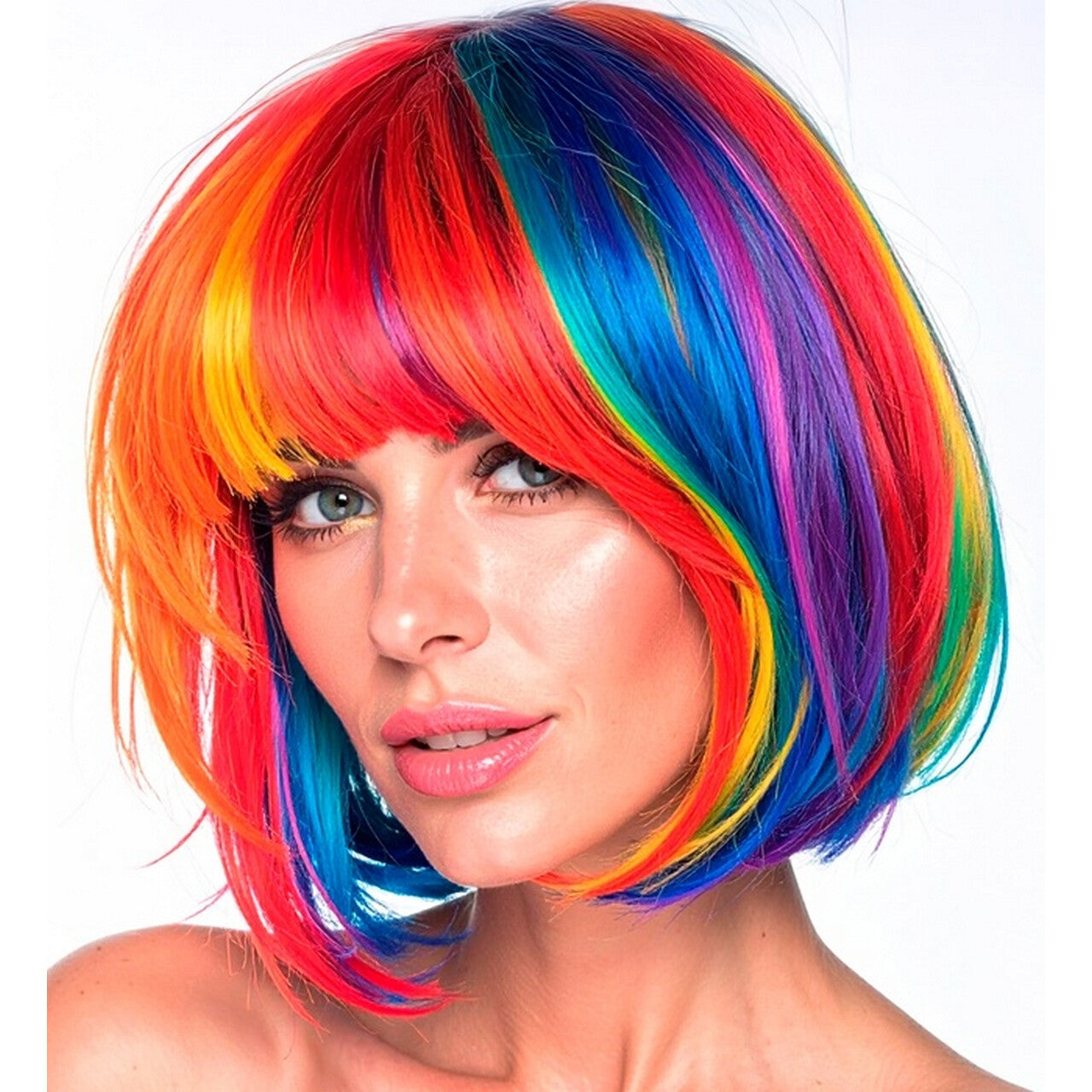 Op deze afbeelding zie je een Accessoires, van het merk Widmann. Pruik Fantasy Bobline Rainbow Beauty