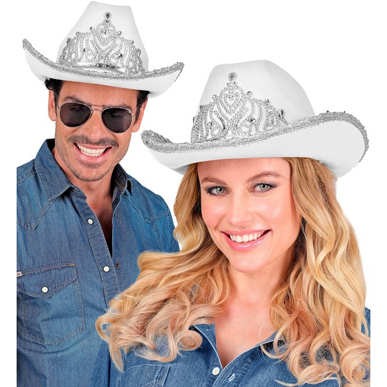 Op deze afbeelding zie je een Accessoires, van het merk Widmann. Glam Cowboy Hoed Wit Met Zilver